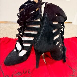 Christian Louboutin Black Suede Lace-Up Cutout Stiletto Booties